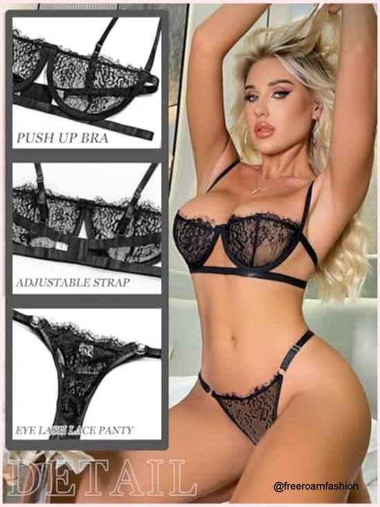 Eyelash Lace Mesh Bra Panty Set Push Up Underwire Lingerie - Picture 2 of 7